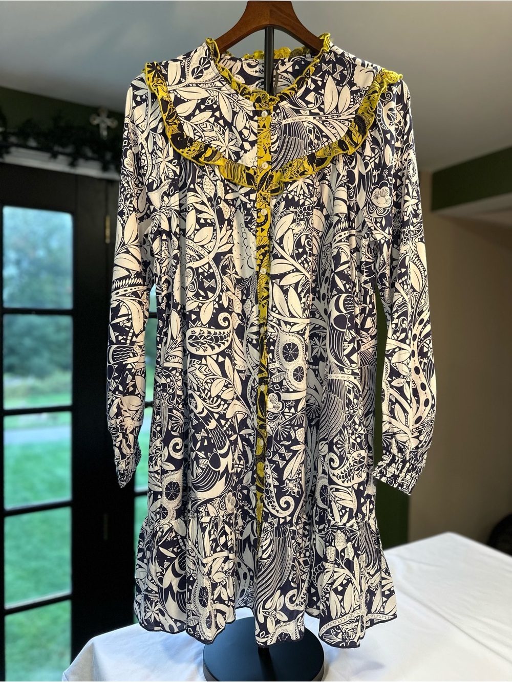 By Anthropologie Womens Navy Floral Print Ruffle Tiered Long Sleeve Mini Dress